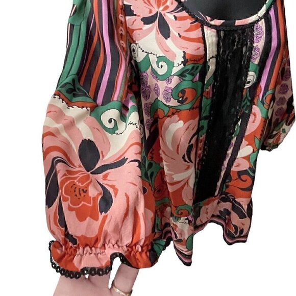 Silk Odille 3/4 Sleeve Floral Multicolor Tier Tunic Black Lace Trim Women’s 8 - Picture 4 of 14